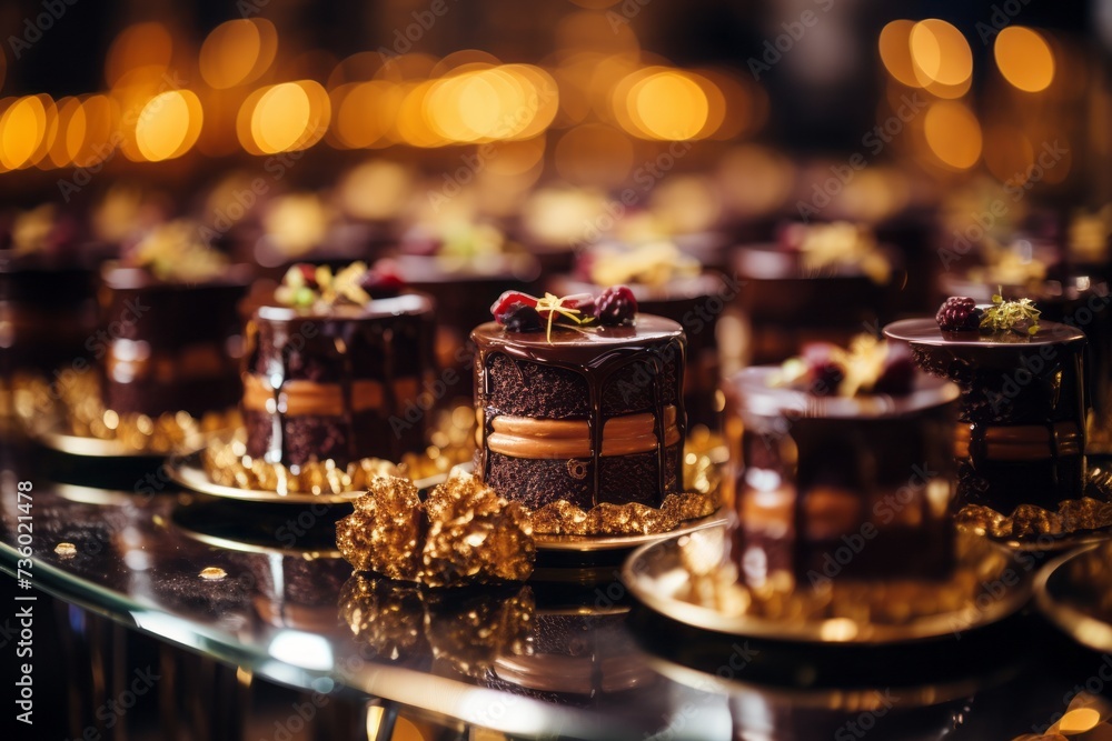 A dessert cake chocolate ganache cake adorned with edible gold leaf A dessert cake chocolate ganache cake adorned with edible gold leaf