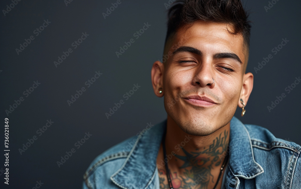 Obraz premium A detailed photograph capturing a close-up view of a multiracial individual wearing a stylish jean jacket.