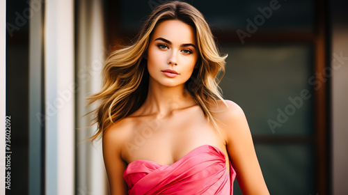 Femme blonde protant une robe bustier rose Free Download Femme blonde protant une robe bustier rose - GFXLoad