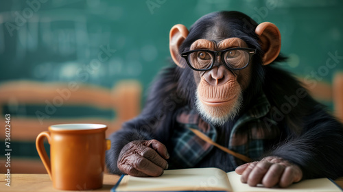 Chimpanzee Sitting at Table With Book and Coffee