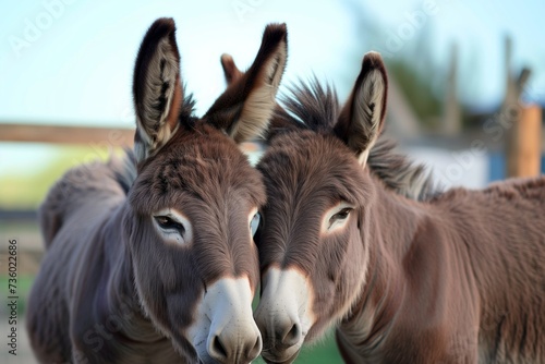 two donkeys nuzzling each other affectionately on farm