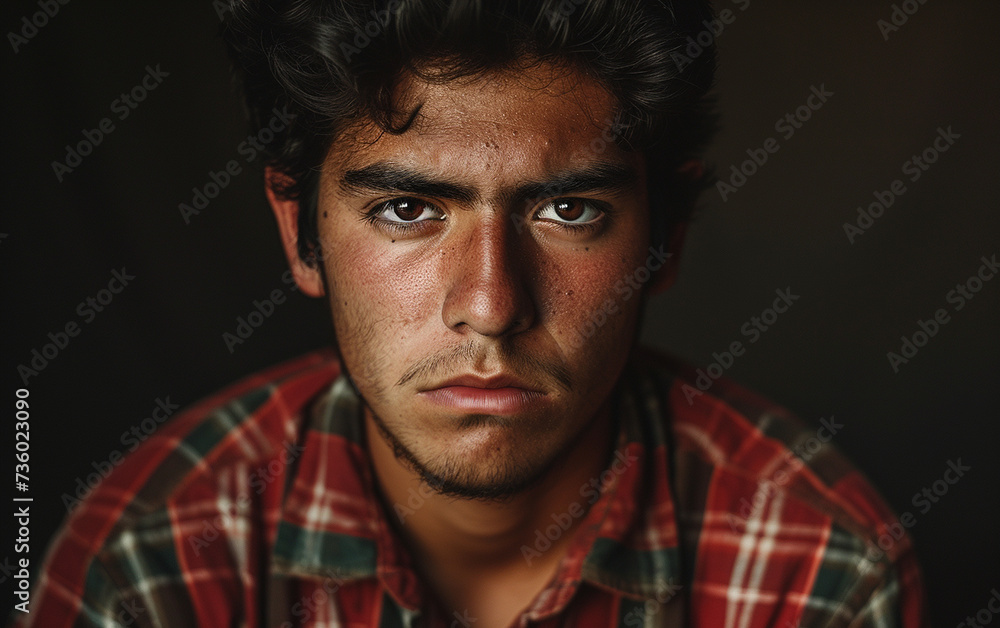 A multiracial man dressed in a plaid shirt looks directly at the camera.