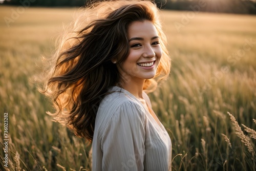 Young smiling woman with sun shining through her hair 