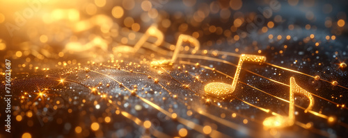 Golden burning musical notes on the dark background. Musical banner photo