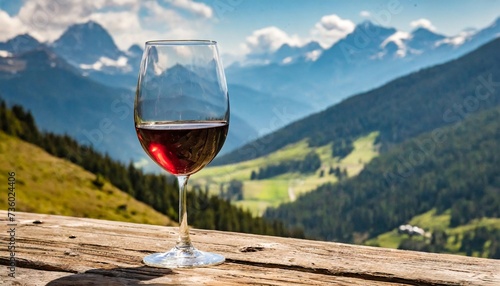 wine in a glass on a wooden table in the mountains photo