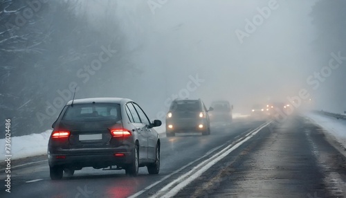 cars in the fog bad winter weather and dangerous automobile traffic on the road light vehicles in foggy day