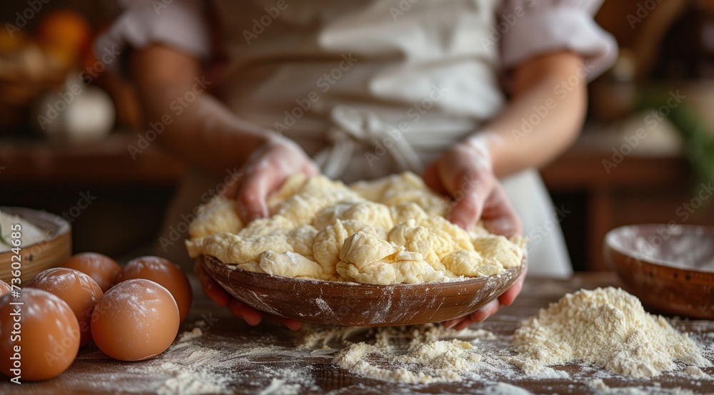 Cooking enthusiast is preparing dough in a bowl on a table. Mixing ingredients for a delicious dish to share at a food event