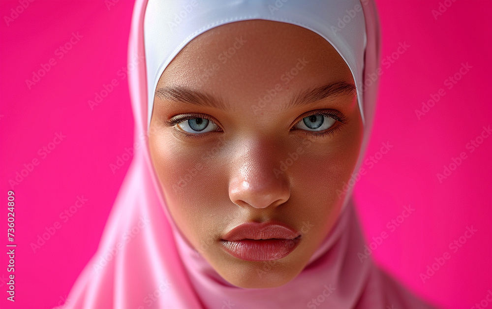 A photograph of a multiracial woman confidently wearing a headscarf. A photograph of a multiracial woman confidently wearing a headscarf.