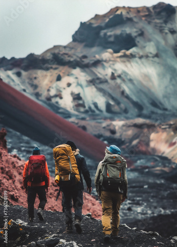 Group of hikers with backpacks walking on the trail to the top of the volcano.