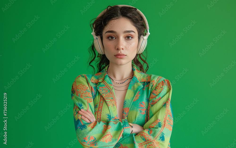 A multiracial woman stands in front of a green background while wearing headphones. A multiracial woman stands in front of a green background while wearing headphones.