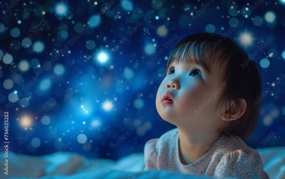 A multiracial young child looks up at the stars in the sky with wonder and curiosity. A multiracial young child looks up at the stars in the sky with wonder and curiosity.