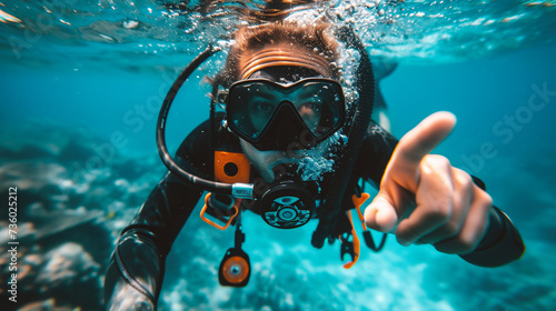 Scuba diver pointing at the camera while diving in the ocean.