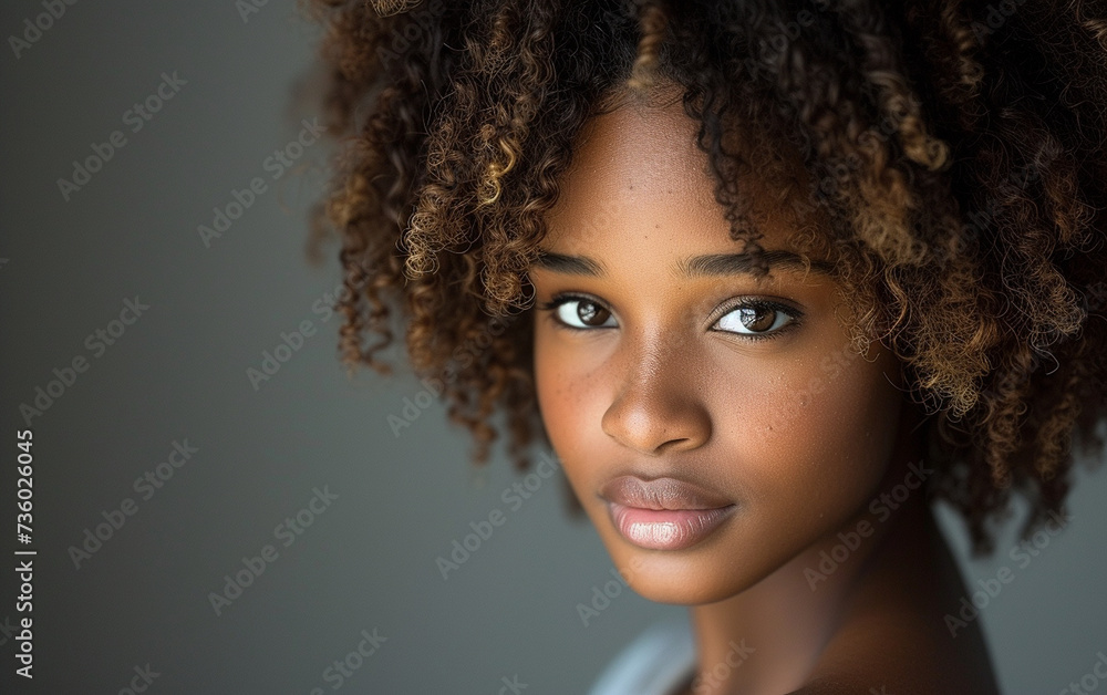A close-up photo of a young woman with curly hair, showcasing her multiracial identity. A close-up photo of a young woman with curly hair, showcasing her multiracial identity.