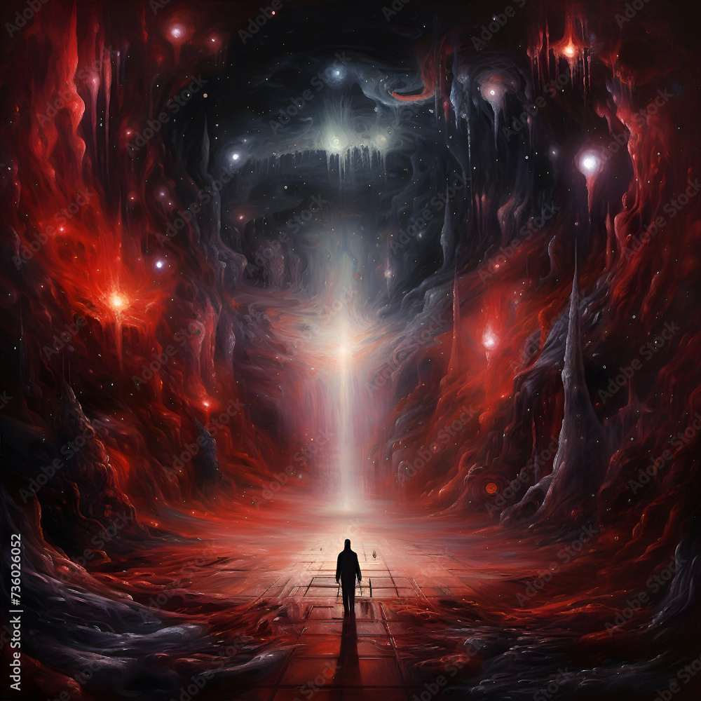 3D illustration of a female figure standing in a surreal space surrounded by stars. 3D illustration of a female figure standing in a surreal space surrounded by stars.