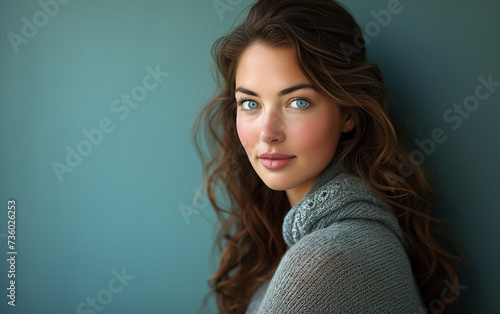 A multiracial woman with striking blue eyes confidently leans against a wall.