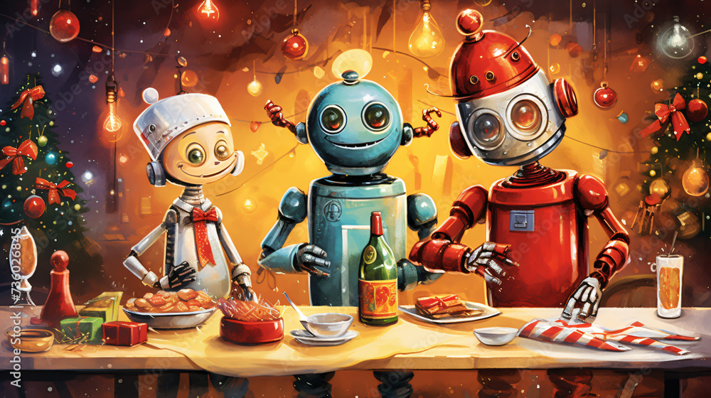 Holiday party at cartoon robots' Christmas