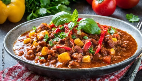 classic chili con carne served on plate