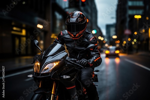 The sports driver sitting on racer bike with helmet Generative AI © Saim Art