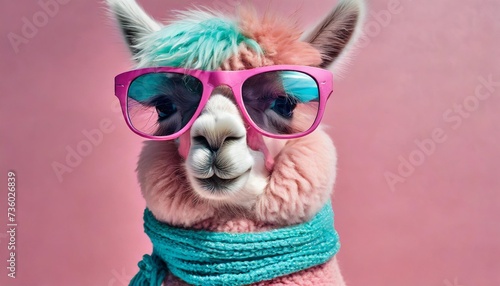 pink alpaca with turquoise hair and a scarf wearing pink sunglasses on pink background