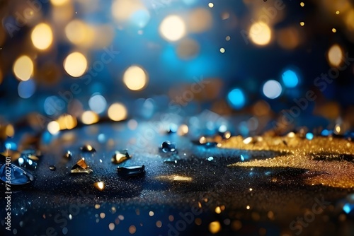 background of abstract glitter lights. blue, gold and black. de focused. banner Generative AI ,