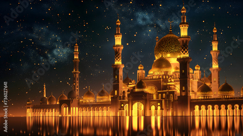 Ramadan mosque with starry night sky beautiful background, neural network generated image