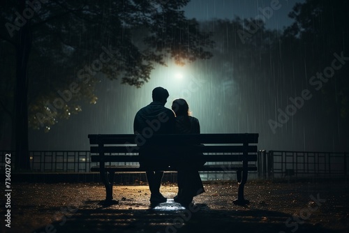 Couple Embracing on Park Bench at Night