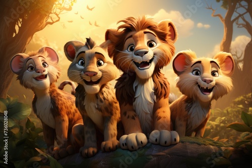 Lions or Lionesses sitting on stone character cartoon Generative AI