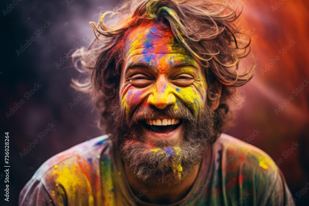 Happy tourist man on holi holiday in india on the street wearing colored powder