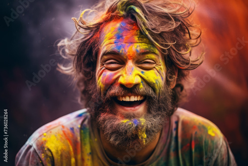 Happy tourist man on holi holiday in india on the street wearing colored powder