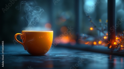 A coffee cup is placed on a windowsill, emitting steam as it sits. The warm beverage contrasts with the cool air outside, creating a cozy scene