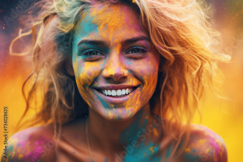 Happy tourist woman on holi holiday in india on the street wearing colored powder
