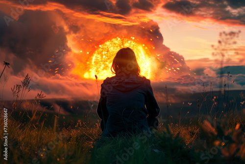 Rear view of a lonely woman is sitting on the grass watching an explosion.