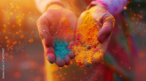 Human's hands in colored powder during Holi festival in India