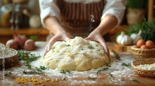 A person is preparing food by kneading dough on a table in a kitchen for a special event, using glutenfree ingredients to create a delicious dish to share