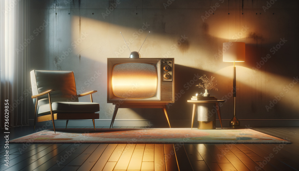 Nostalgic 1950s TV set with flickering screen in serene living room. Stock Photo | Adobe Stock