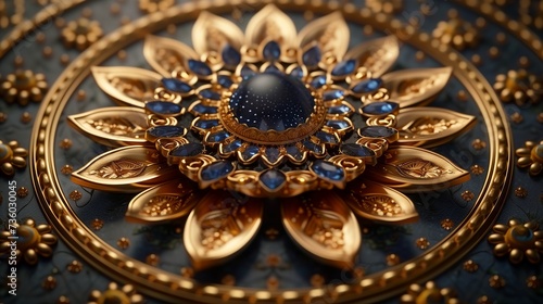 A closeup shot showcasing a gold flower ornament with blue stones on a black background, highlighting the intricate metalwork and symmetrical pattern of the jewelry piece