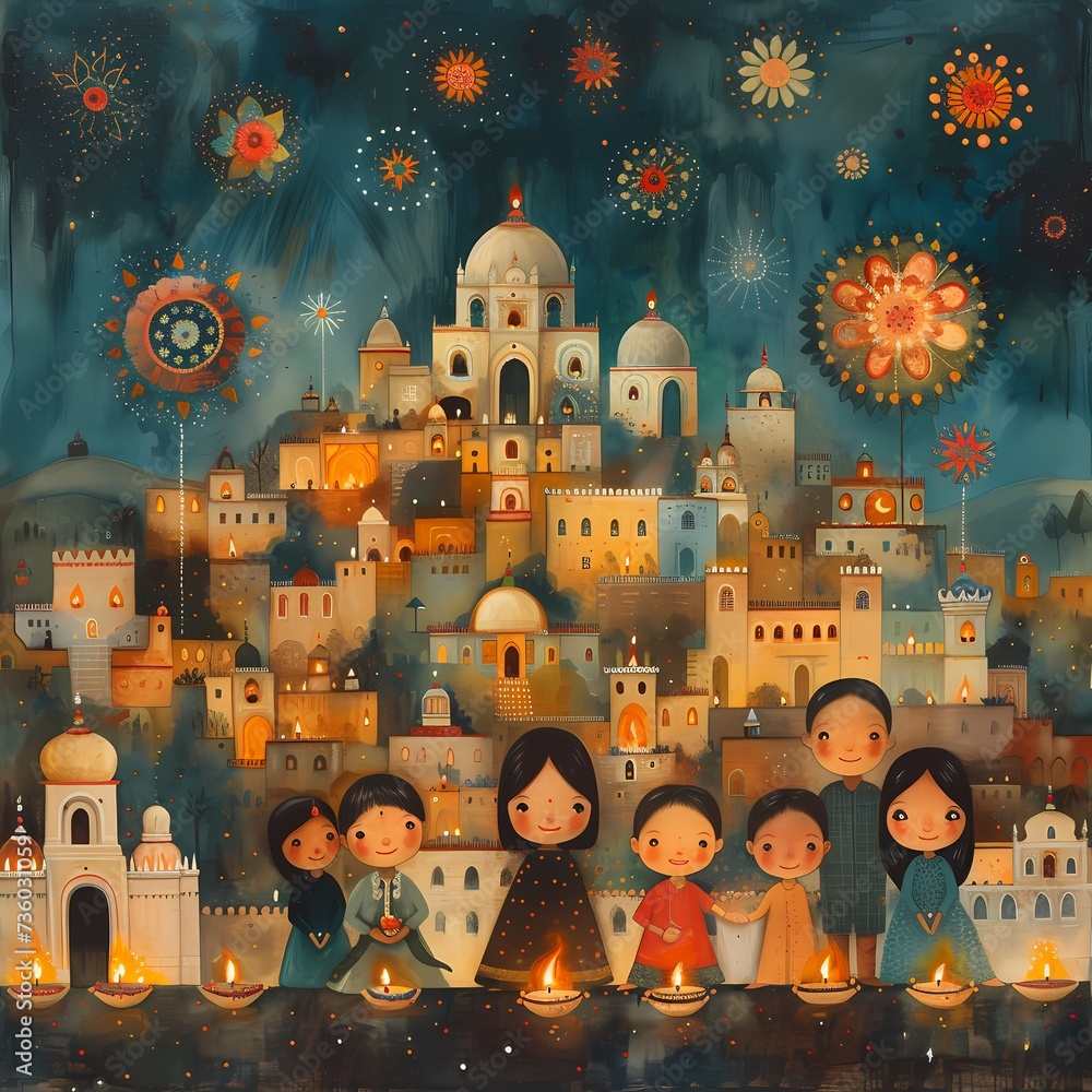 Enchanting Festive Fantasy Cityscape with Happy Characters