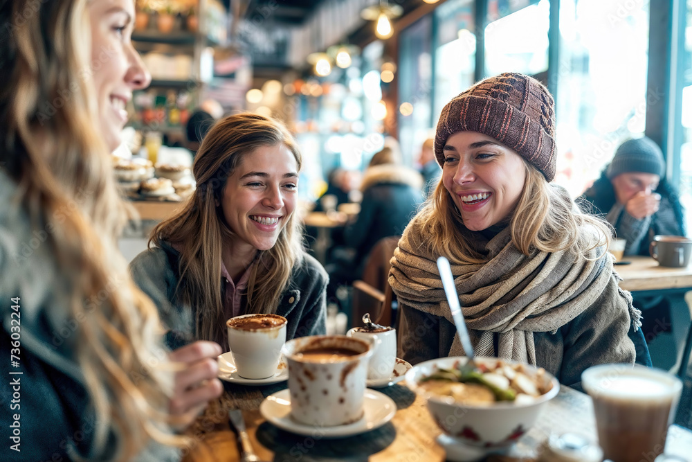 three Women Sitting at a Table With Cups of Coffee. Generative AI. three Women Sitting at a Table With Cups of Coffee. Generative AI.