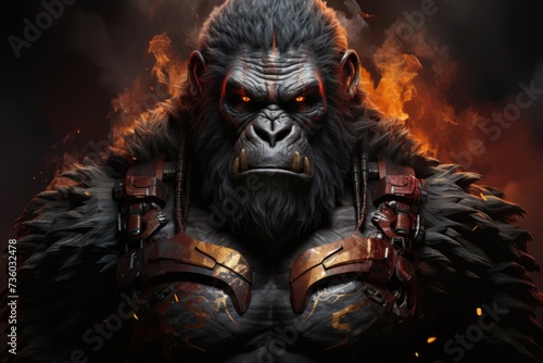 A aggressive gorilla looking camera with fire flames on the background Generative AI