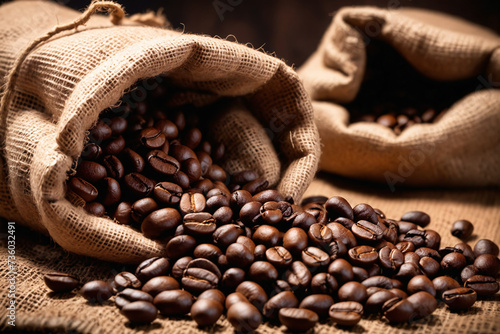 Coffee beans in a sack, Coffee seed texture background © Giuseppe Cammino