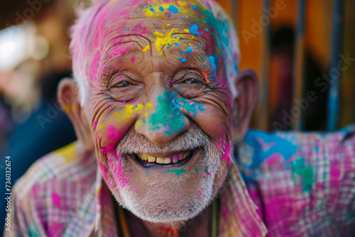 Happy tourist old man on holi holiday in india on the street wearing colored powder