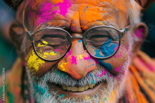 Happy tourist old man on holi holiday in india on the street wearing colored powder
