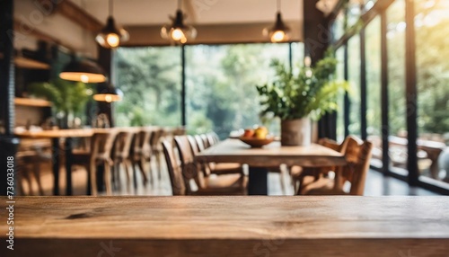 blurred background material of dining room with natural wooden furniture