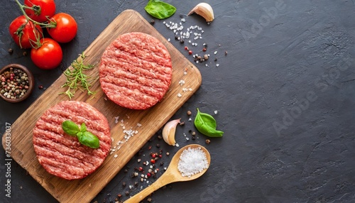 fresh raw hamburger patties or cutlet on brown board ready to cook on black textured background minced beef steak burgers with spices top view place for text photo