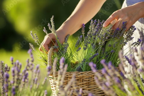 person filling a basket with lavender sprigs
