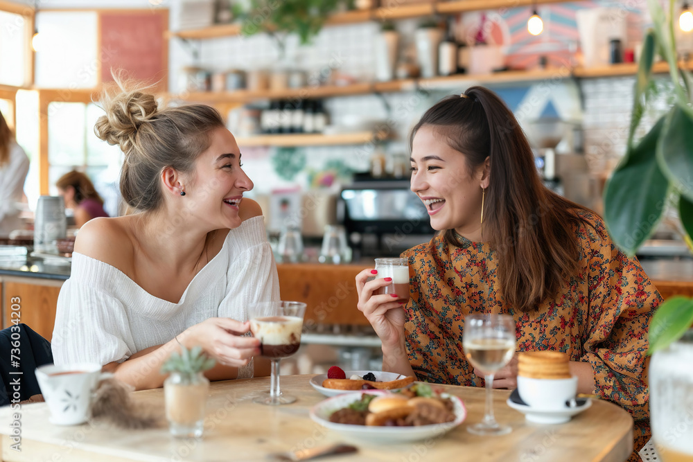 Two Women Sitting at a Table Having a Conversation. Generative AI.