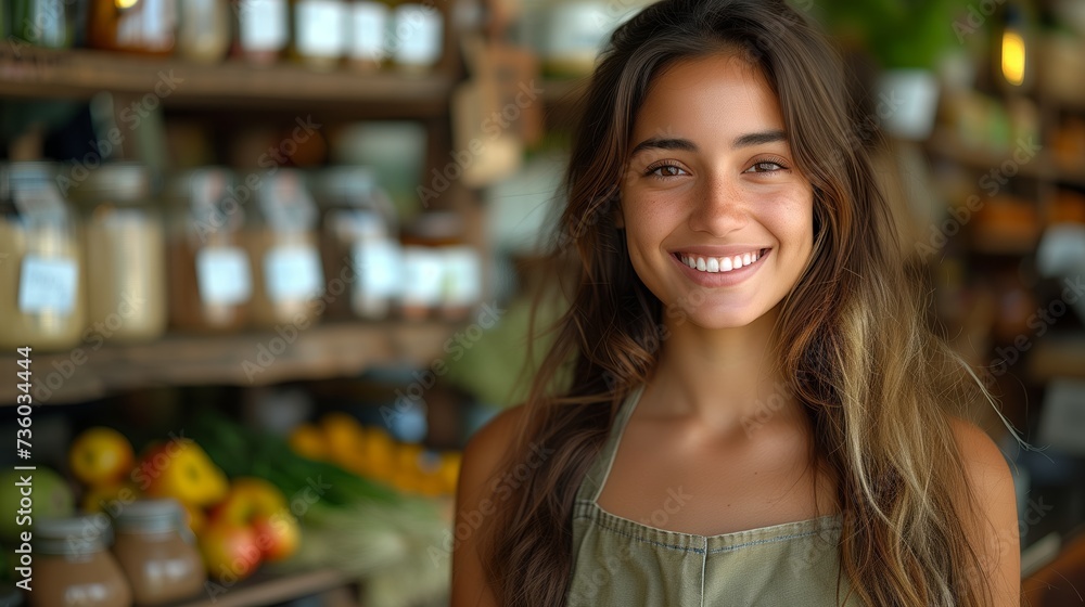 A happy customer with layered hair smiles in front of a shelf filled with jars of natural foods at a fun whole food event
