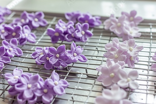 freshly made fondant lilacs on a cooling rack photo