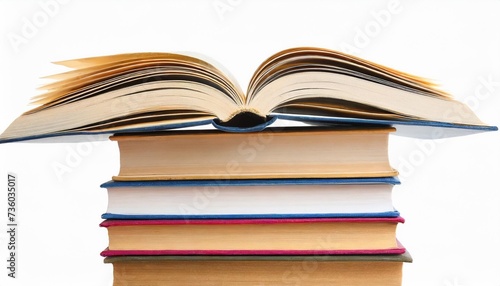 stack of books and an opened book atop isolated on white
