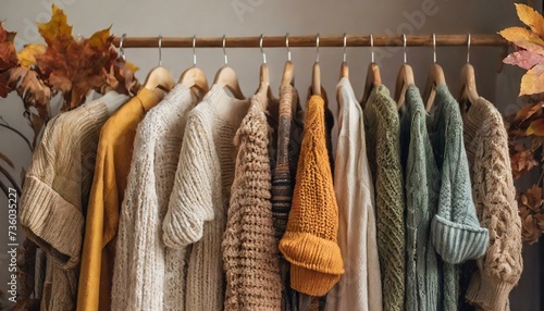 Warm autumn and winter knitted items hang on trempels in the dressing room, autumn clothes made from yarn of warm colors